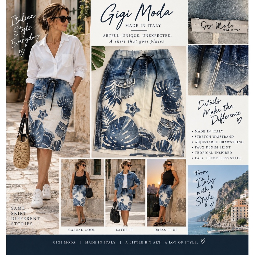Gigi Moda Italy Denim Print Skirt Stretch Drawstring Tropical Y2K Artsy Blue